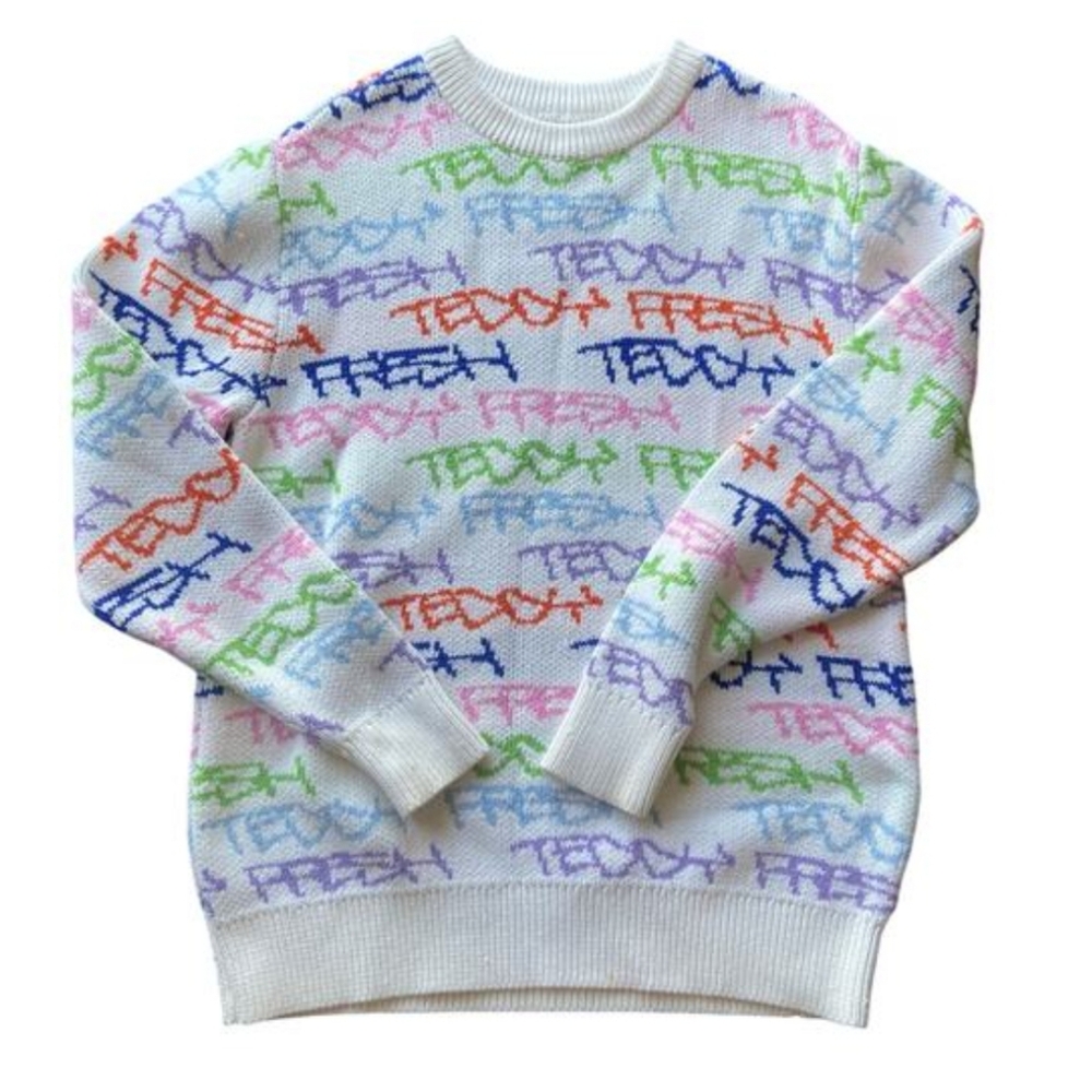 Teddy Fresh Sweater XS White Spellout Graffiti All Over Excellent Condition